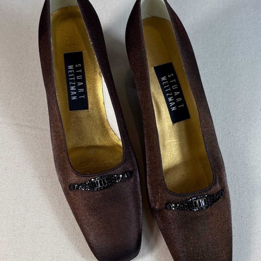 Stuart Weitzman Brown Lamé Dark Rhinestone Accent Block Heel Slip On Pumps 7.5B
